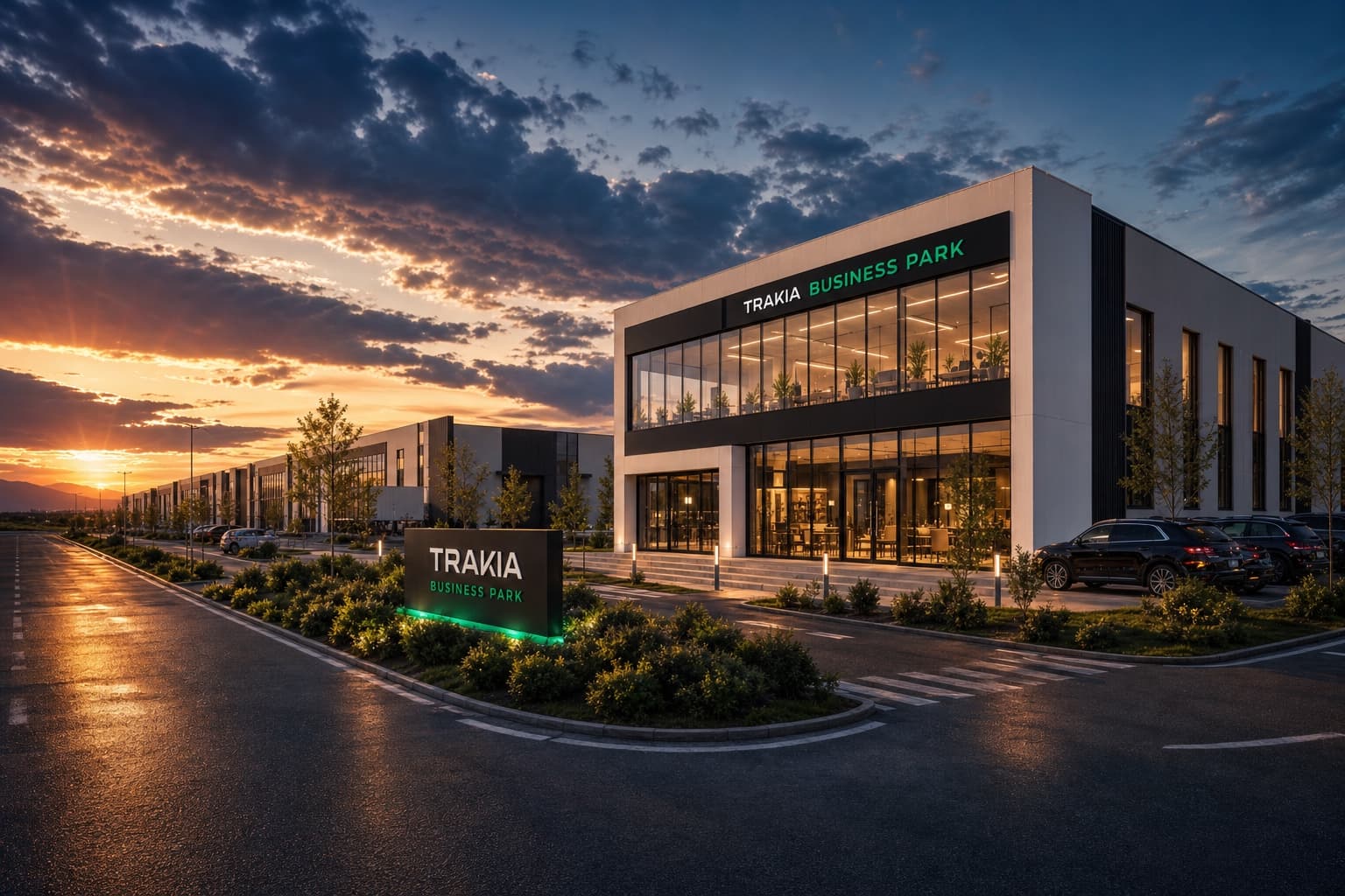 Trakia Business Park при здрач — осветени шоуруми и вход.