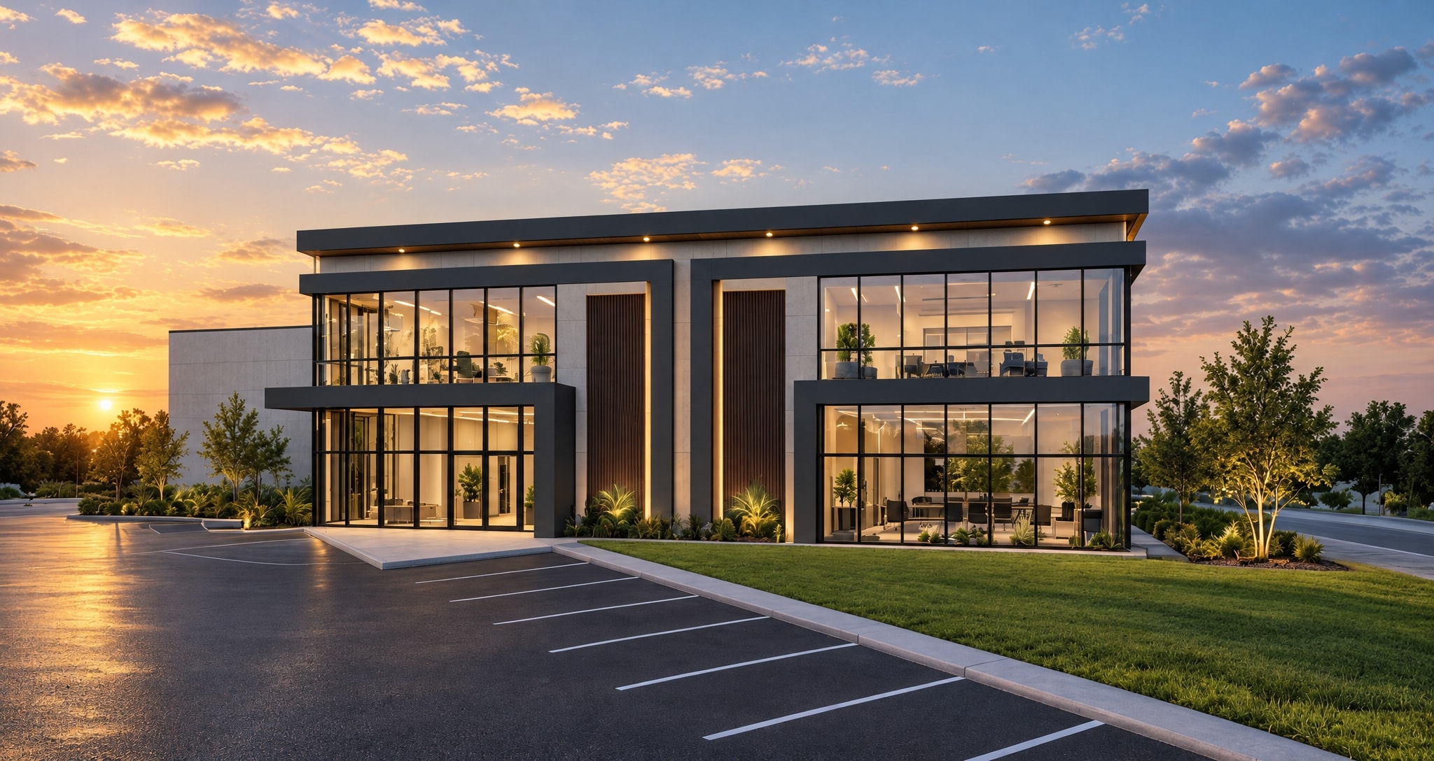 Trakia Business Park при здрач - осветени шоуруми и вход.