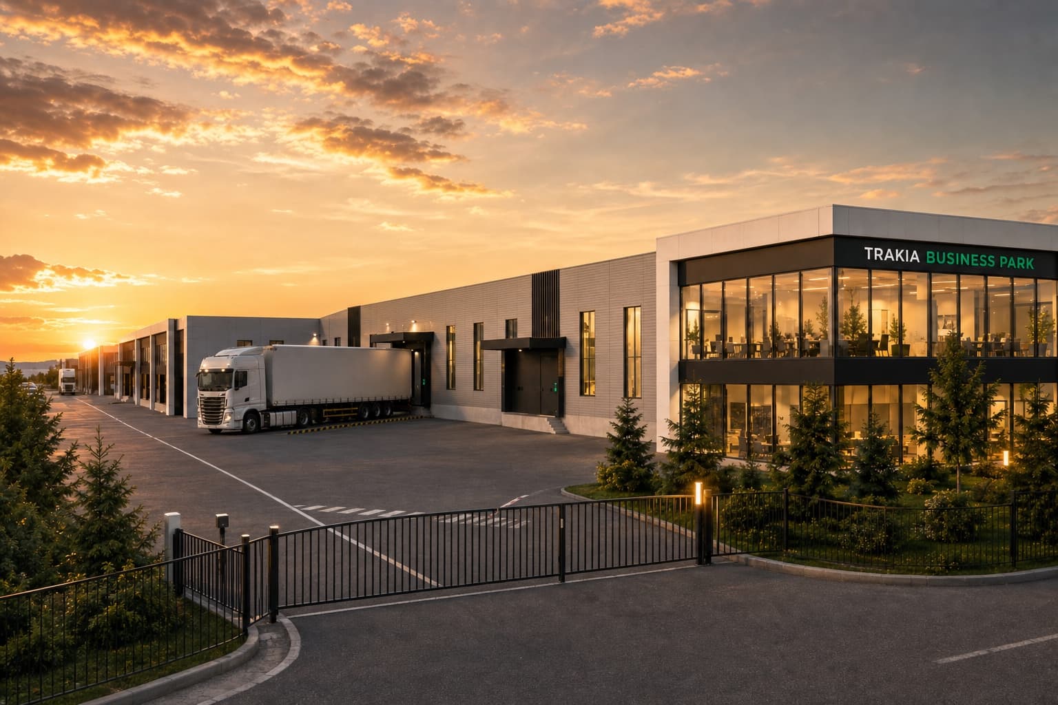 Складов обем и товарен достъп на Trakia Business Park при залез.