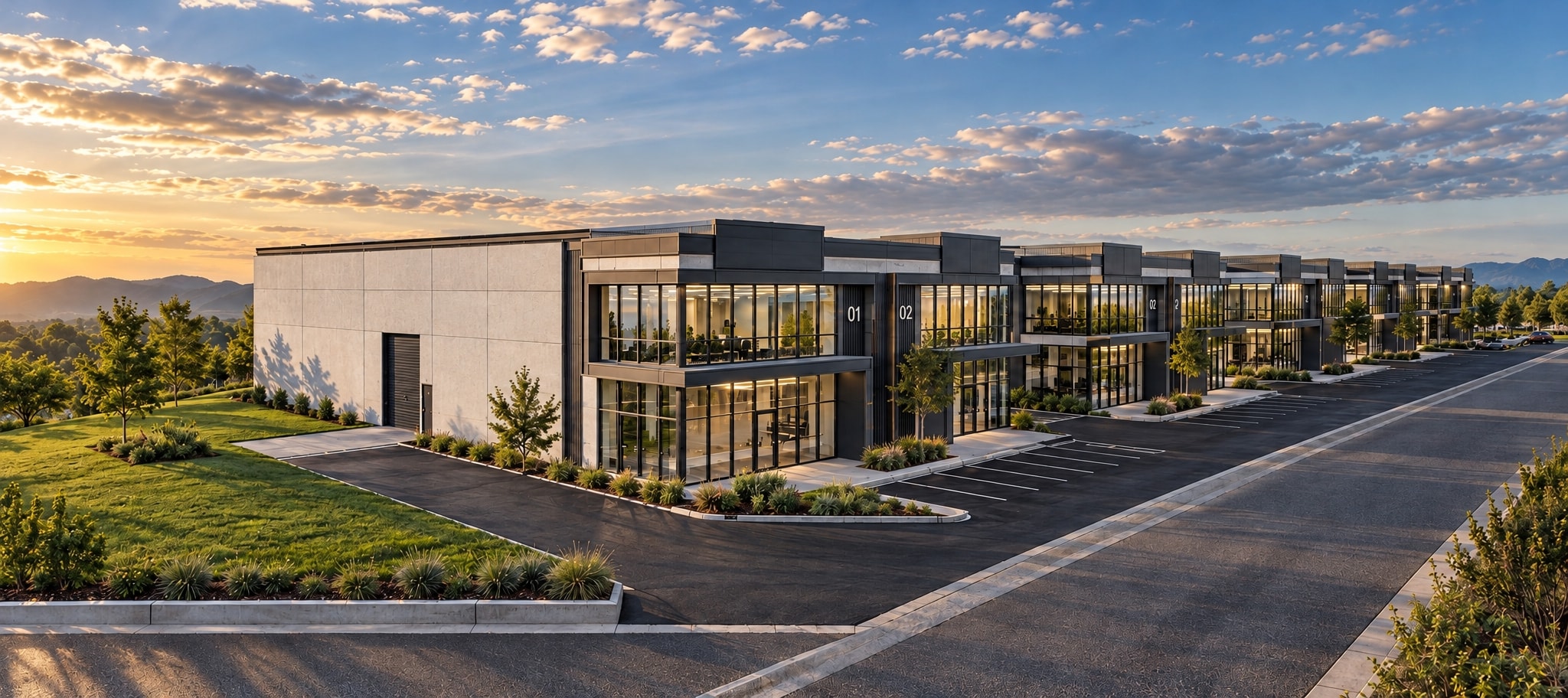 Складов обем и товарен достъп на Trakia Business Park при залез.